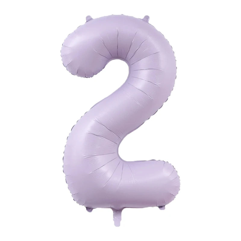 A large, light purple foil number balloon shaped like the number 2.