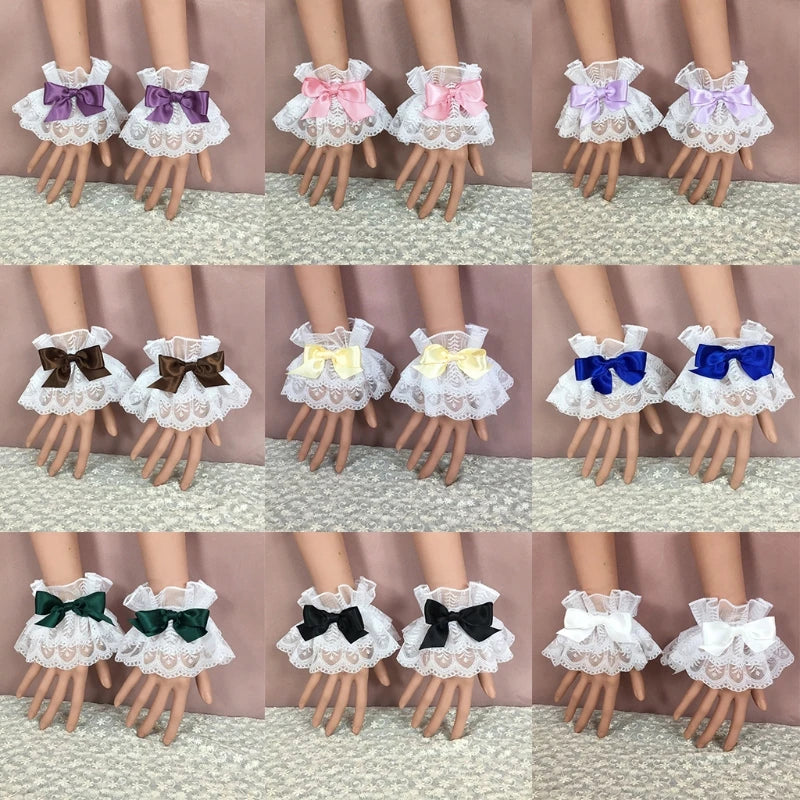 A set of ruffled lace wrist cuffs with bowknot accents in various shades of purple, pink, and blue.