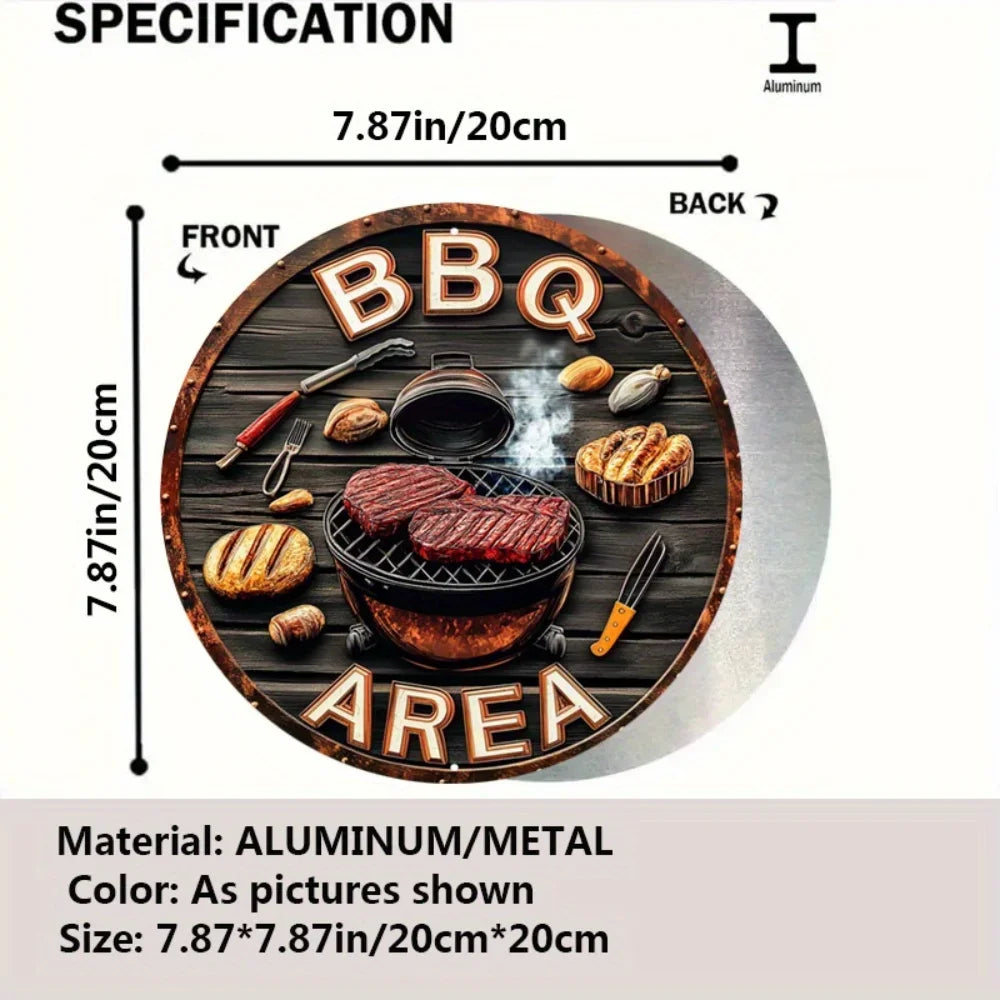 Panneau rond en aluminium avec un thème BBQ, affichant les lettres BBQ et le mot AREA sur un fond en bois