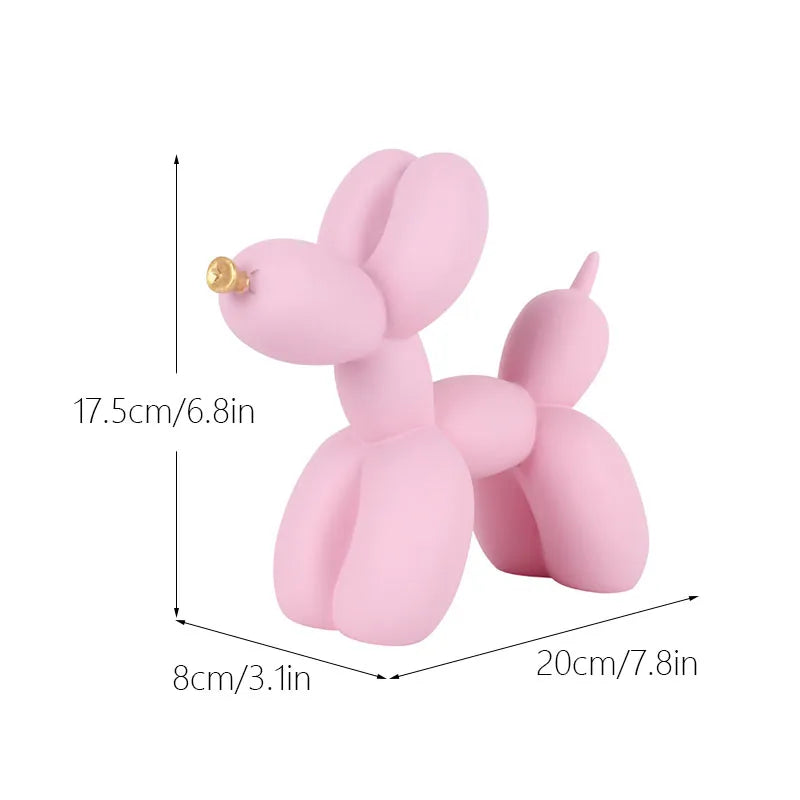 A pink resin sculpture of a dog shaped like a balloon, displayed with dimension lines.