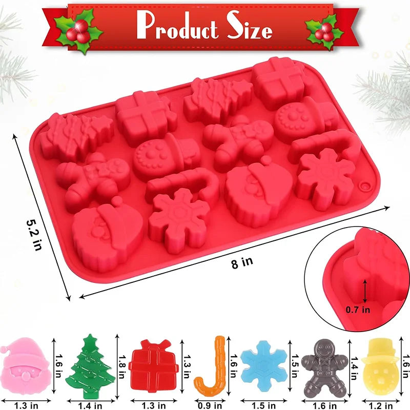 A red silicone mold set featuring various festive shapes for making Christmas cookies and chocolates.