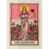 A tarot card illustration featuring a crowned female figure holding a rose amidst pink and red floral patterns.