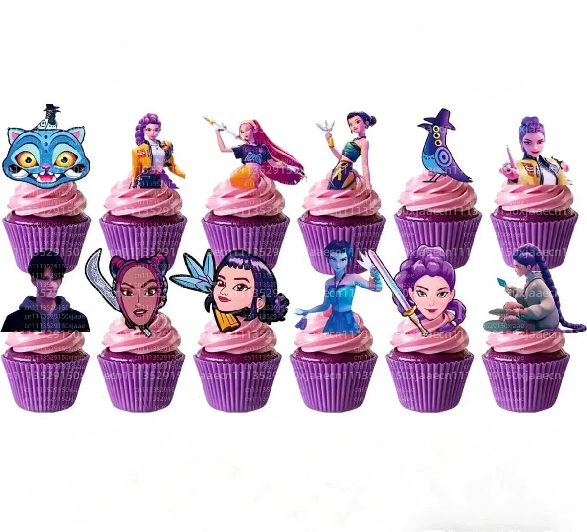 A set of twelve anime hunter girl cake toppers featuring various characters in colorful costumes and poses.
