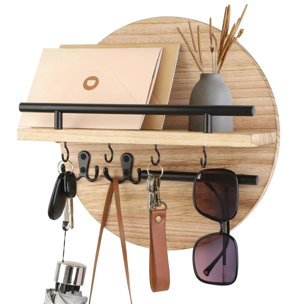 A circular wooden wall key holder with a shelf displaying various keys and sunglasses.