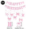 Glitter pink bow birthday banner set with hanging swirls and letter H