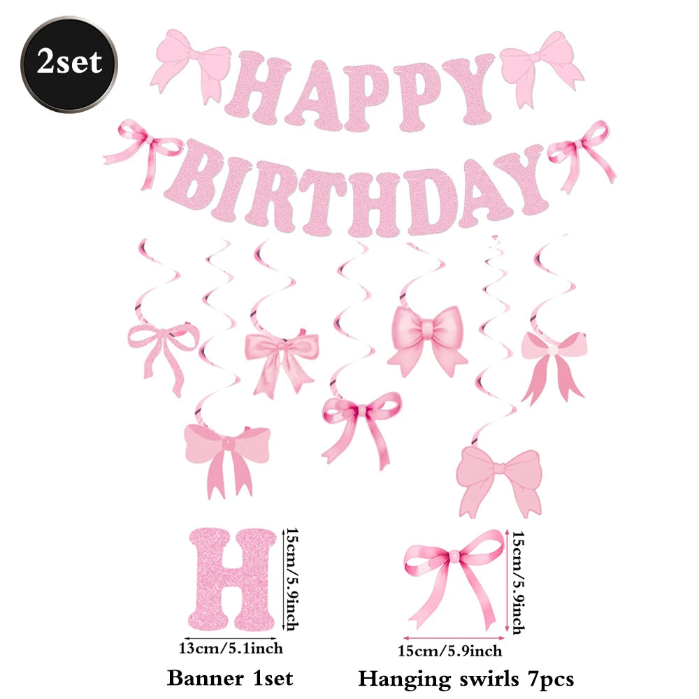 Glitter pink bow birthday banner set with hanging swirls and letter H
