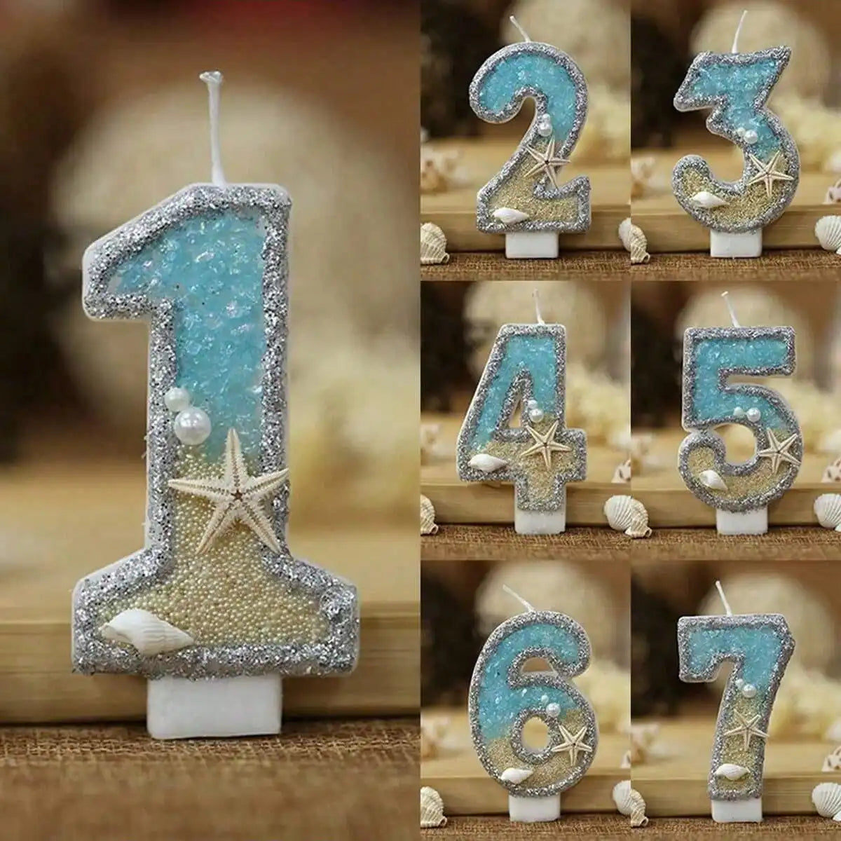 Glitter number cake toppers in various sizes and designs featuring starfish accents