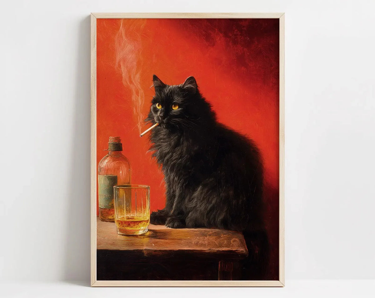 A painting of a black cat smoking a cigarette against a fiery red background with a glass of amber liquid on a wooden surface