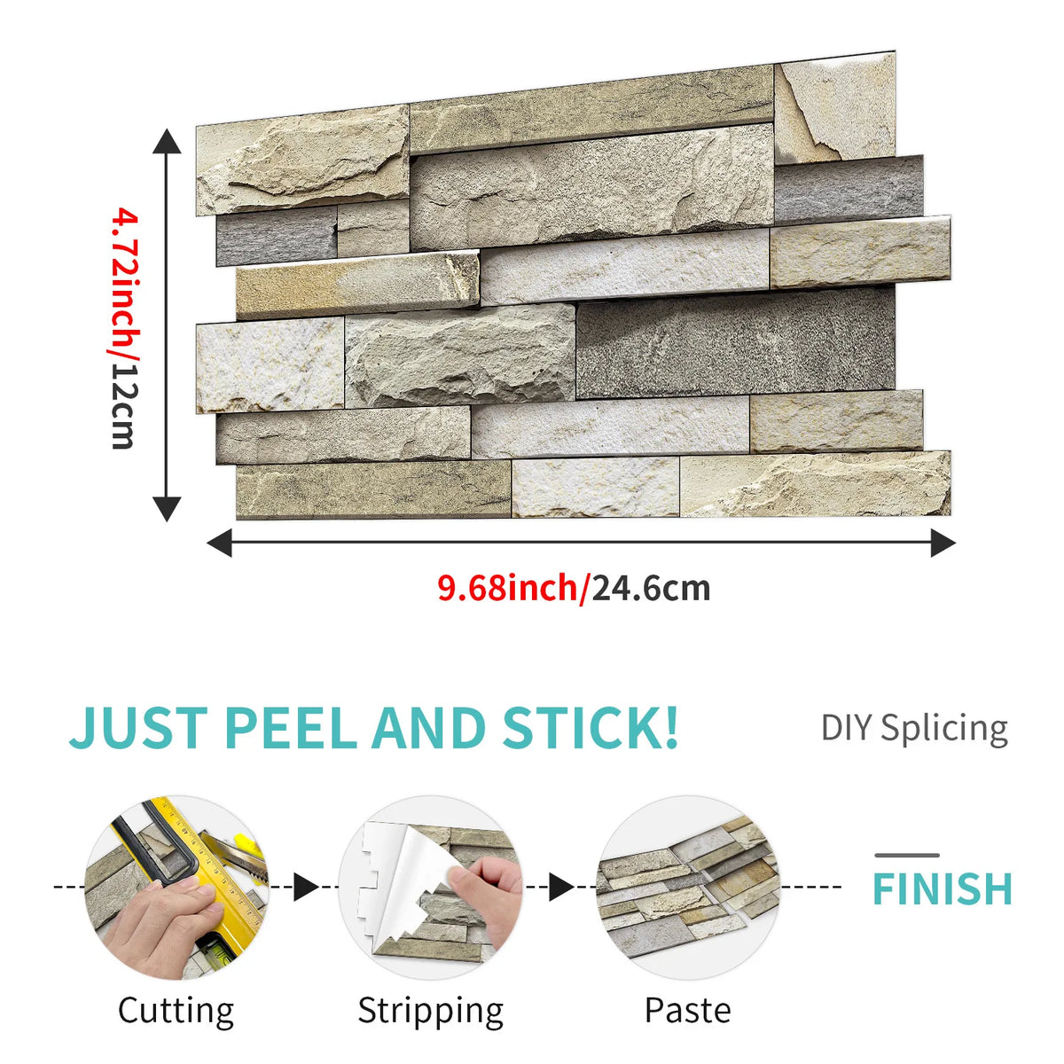 DIY marble wall tiles showing the process of cutting, stripping, and applying adhesive for a finish