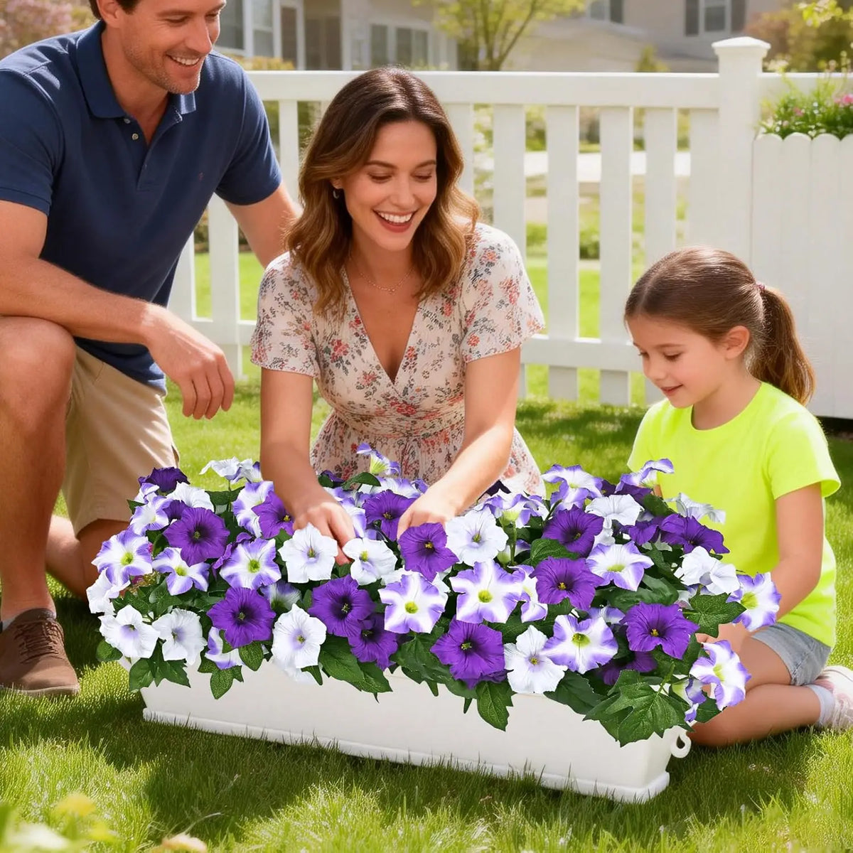 A woman is planting artificial petunia flowers in a white planter outdoors with a child watching.