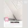 Close-up view of white 3D brick pattern self-adhesive wall panels showing an easy cutting demonstration.