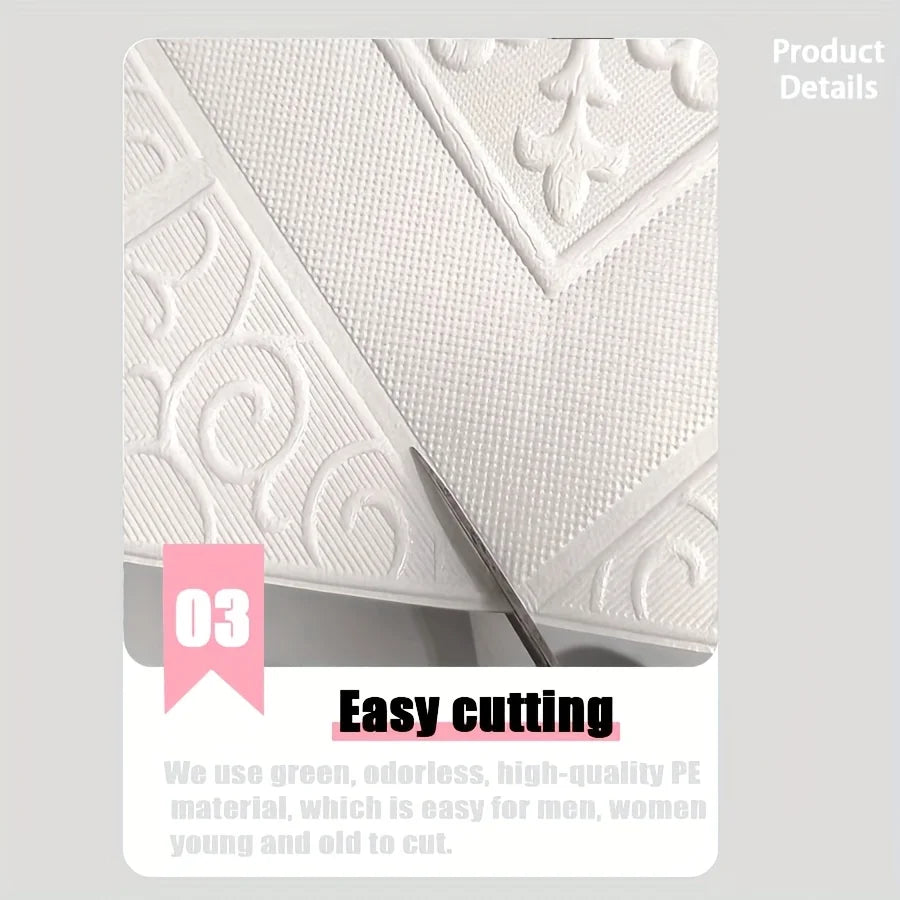 Close-up view of white 3D brick pattern self-adhesive wall panels showing an easy cutting demonstration.