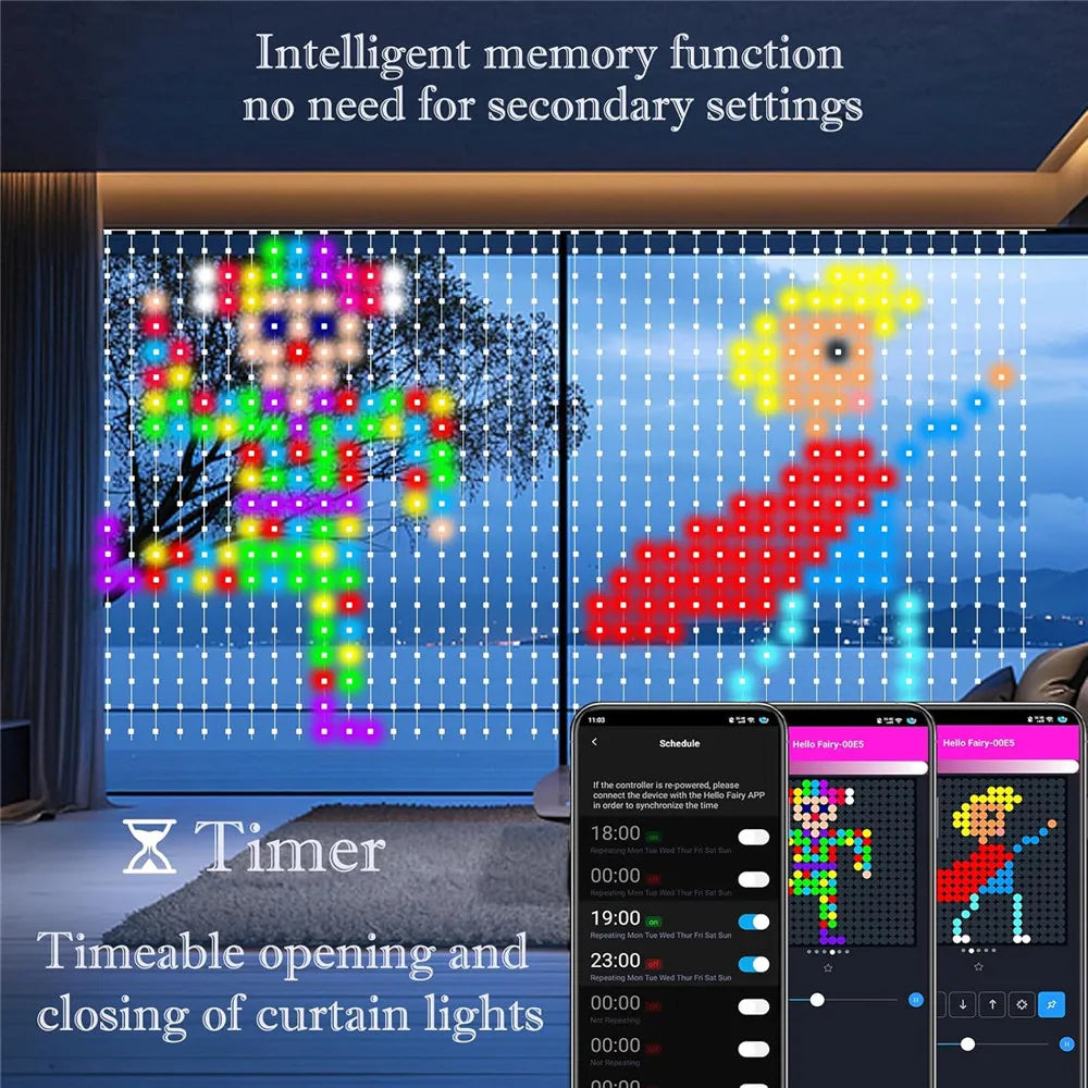 RGB LED curtain lights with music sync and app control illuminating a tree and a figure.