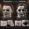 A comparison of three theatrical Halloween costume masks showing weathered lines, painted accents, and detailed textures.