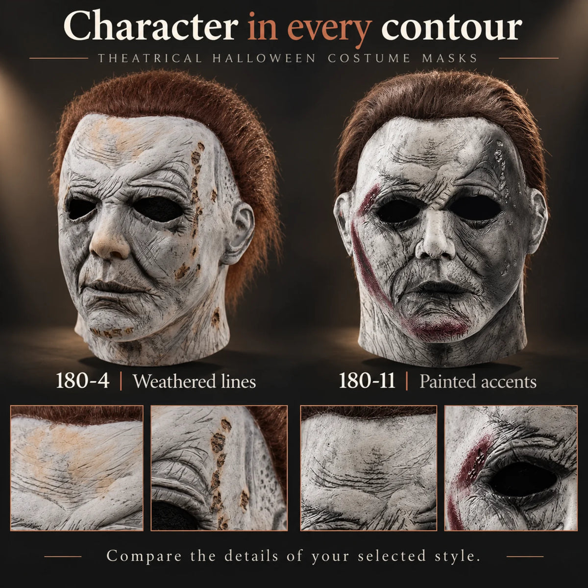 A comparison of three theatrical Halloween costume masks showing weathered lines, painted accents, and detailed textures.
