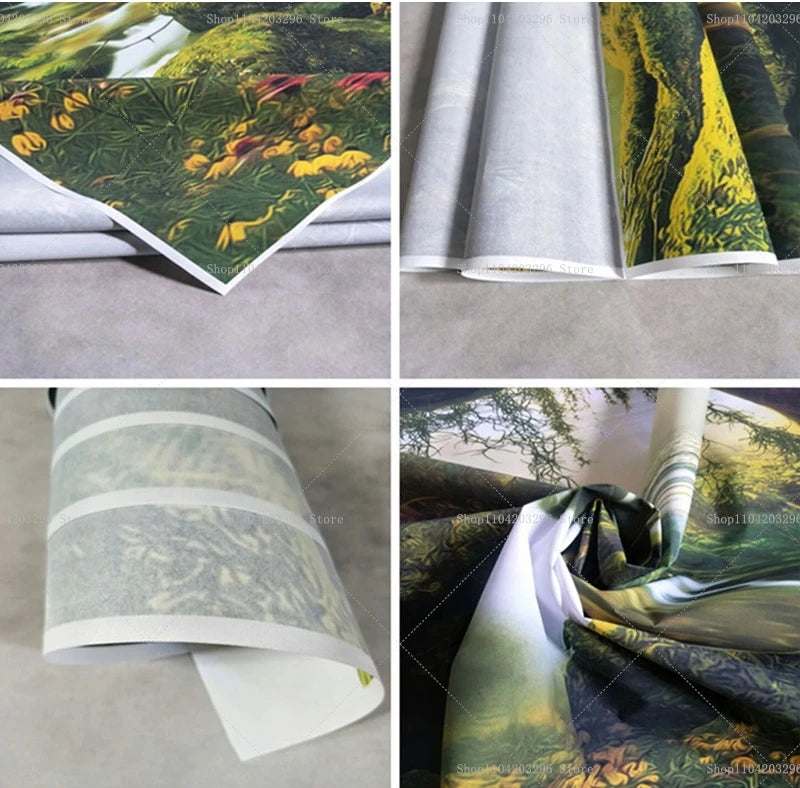 Rolls of fabric featuring a magic fantasy witch hunter pattern in shades of green and gold.