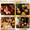 A collage showing beeswax tealight candles used for spa relaxing, home table decor, Christmas party centerpiece, and air puri