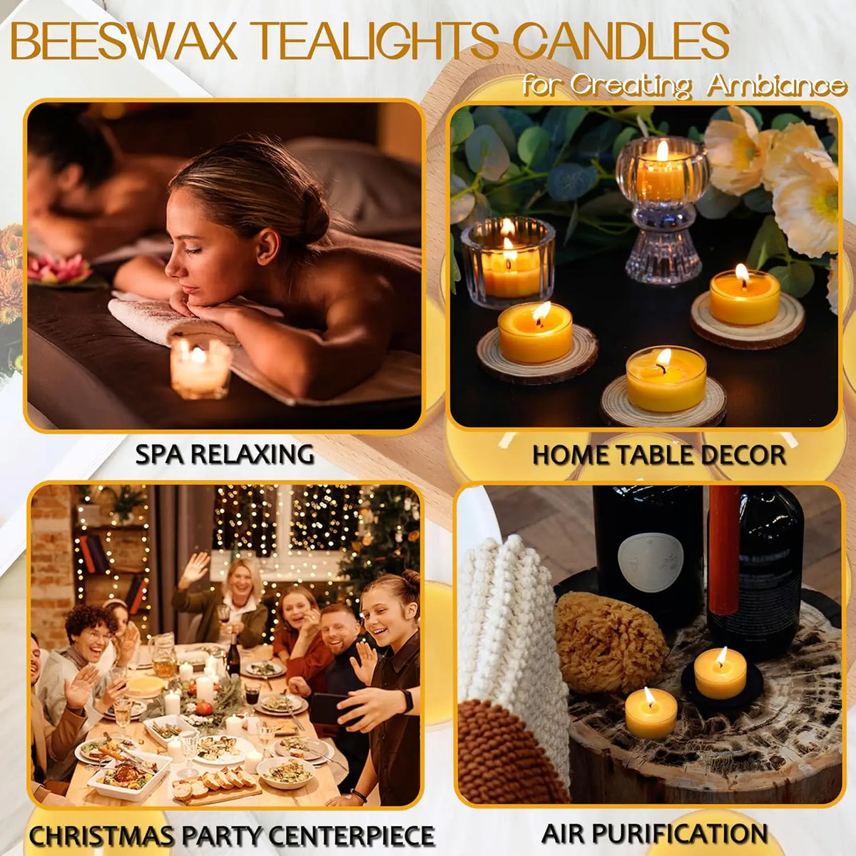 A collage showing beeswax tealight candles used for spa relaxing, home table decor, Christmas party centerpiece, and air puri