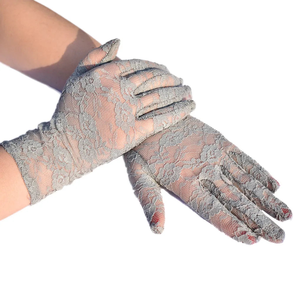 Pair of sheer lace gloves in gray for women's parties and weddings