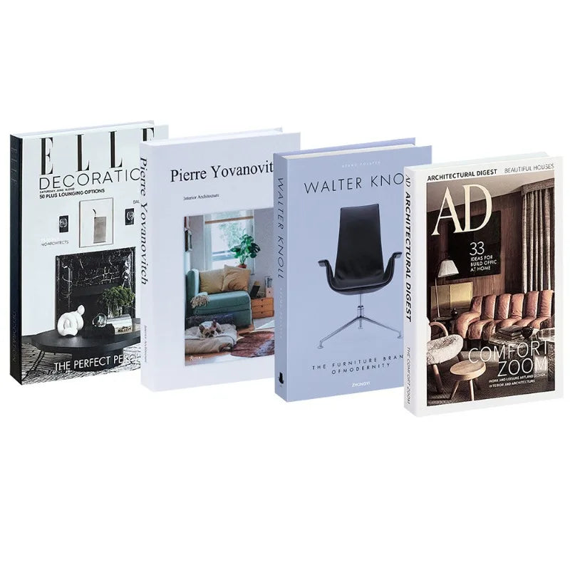 A set of five hardcover books titled Decorative Faux Books for Home Decor featuring interior design and furniture concepts.