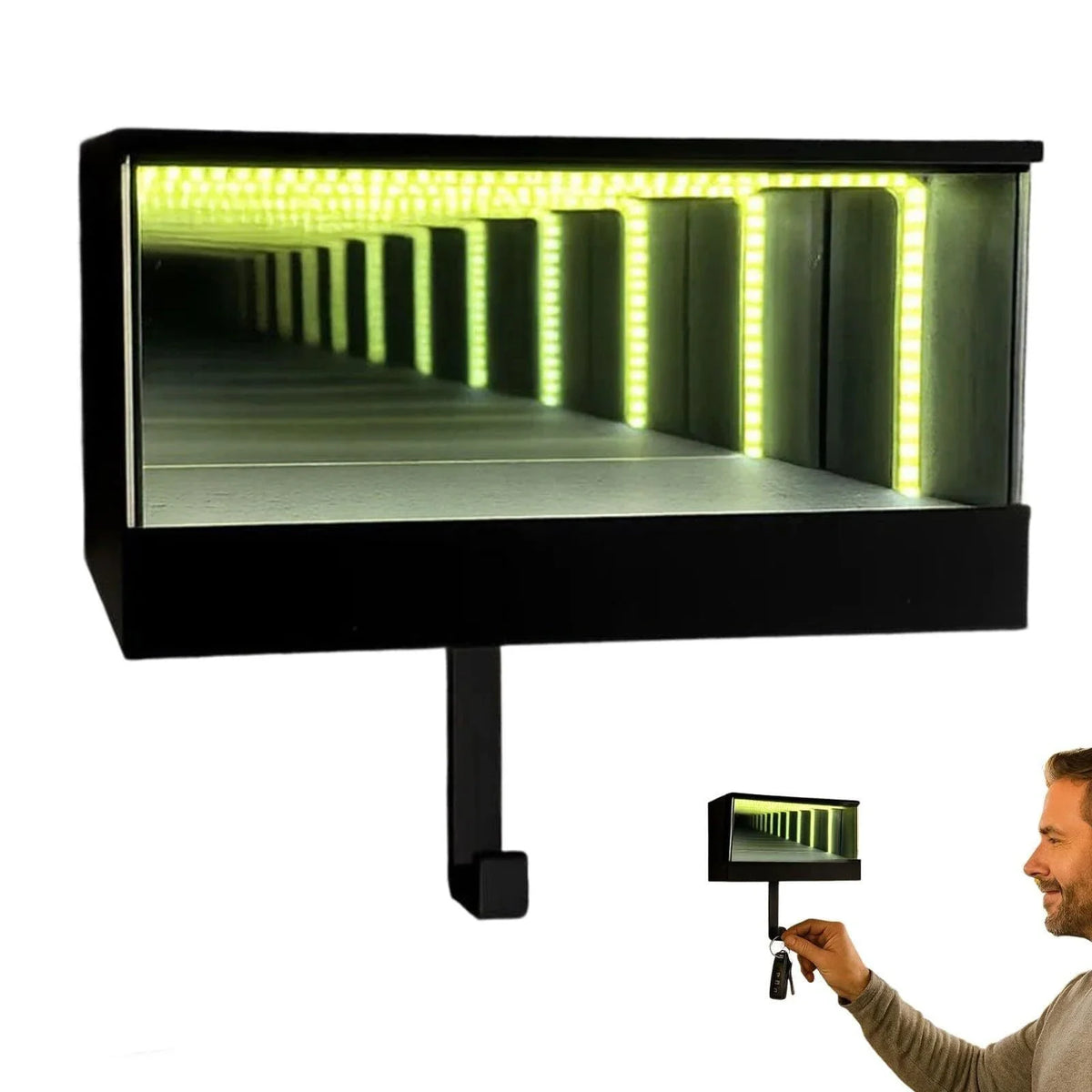A black keychain holder with an LED tunnel effect illuminating a long, narrow space.