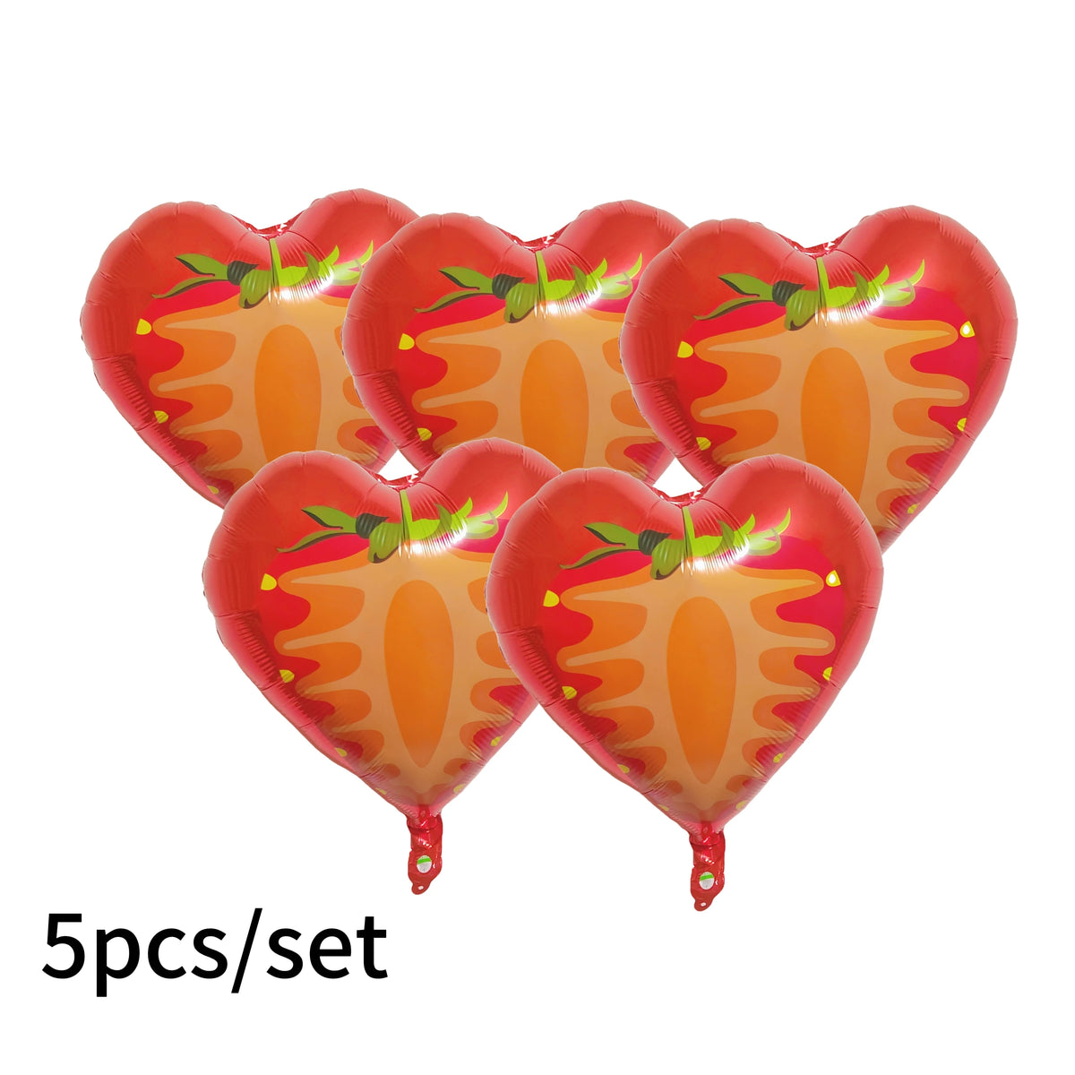 A set of six heart-shaped foil balloons in orange and red with green accents.