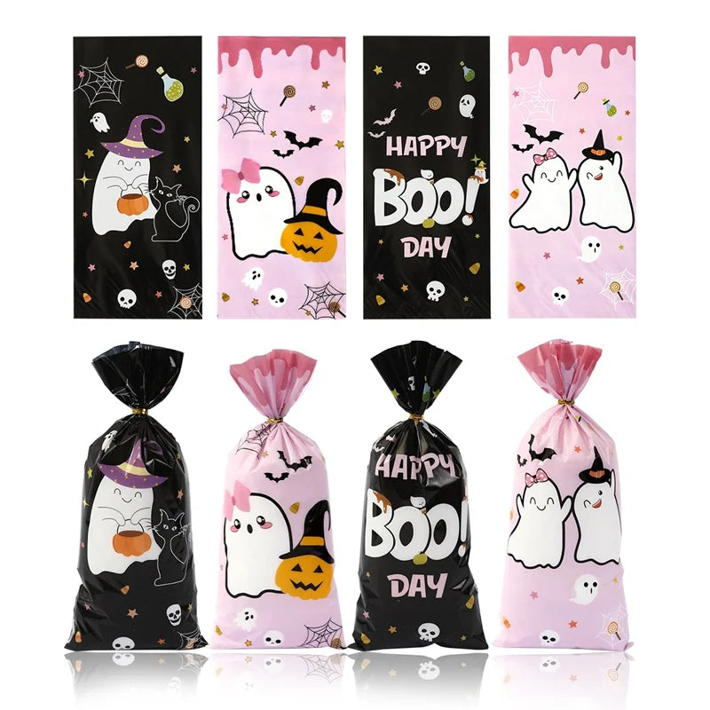 Four vertical bags of Halloween candy treats featuring a cute little boo design on pink and black backgrounds
