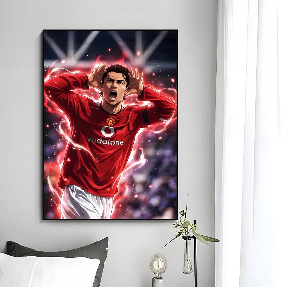 A modern wall art print featuring a dramatic image of Cristiano Ronaldo celebrating with glowing red light effects.