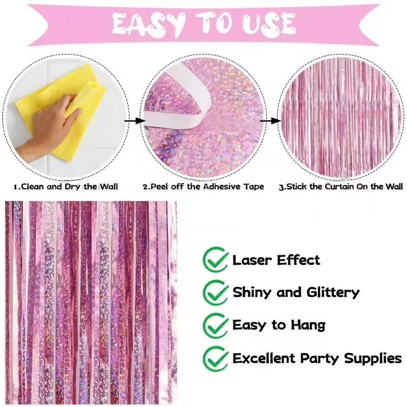Instructions for installing a metallic foil tinsel fringe curtain on a wall.