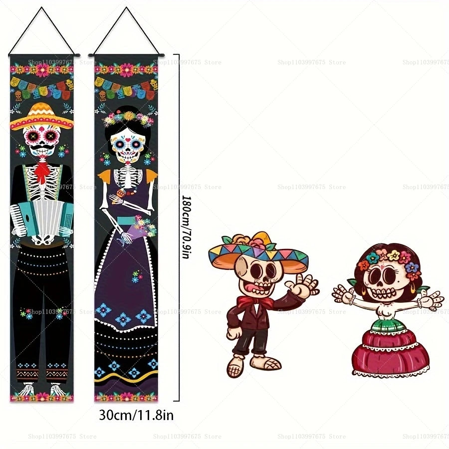 A set of Day of the Dead porch banners featuring skeletal figures and colorful floral decorations.
