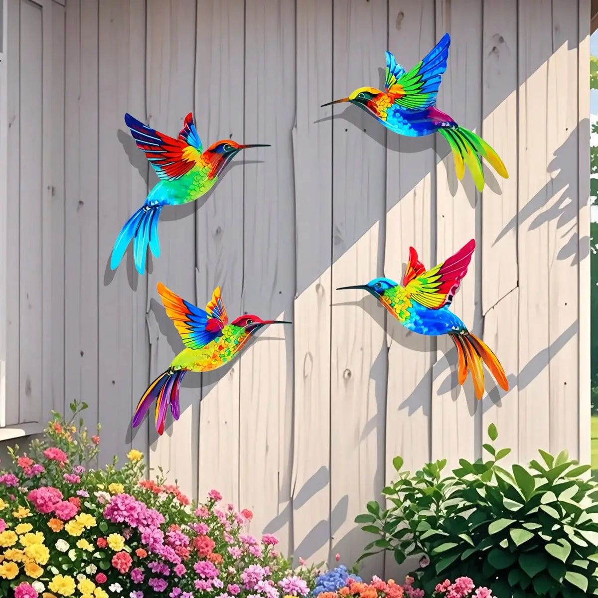 Colorful metal hummingbird wall art featuring vibrant iridescent feathers displayed on a light wooden fence.