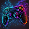 A glowing purple and cyan video game controller is depicted against a dark background with swirling neon lines.