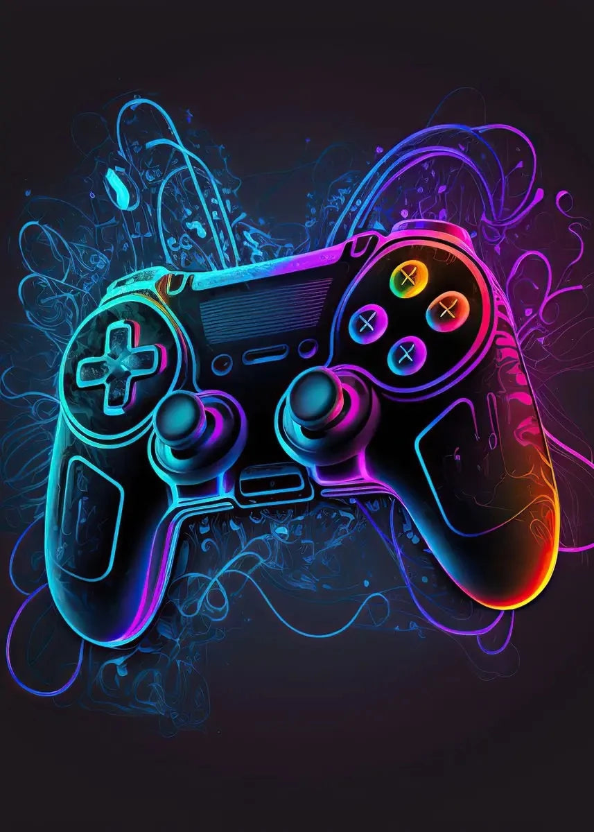 A glowing purple and cyan video game controller is depicted against a dark background with swirling neon lines.
