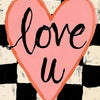 A pink heart shape with the handwritten text love you is centered on a black and white checkered background.