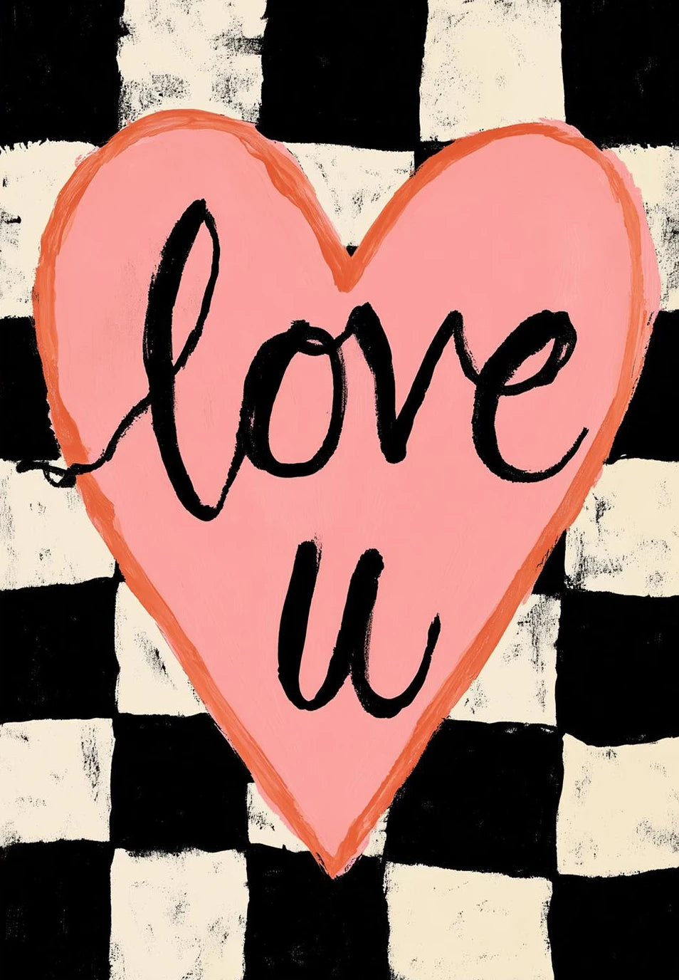 A pink heart shape with the handwritten text love you is centered on a black and white checkered background.