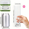 A set of 12 clear glass cylinder vases with a bottle mouth and thickened bottom shown next to a silver aluminum can for scale