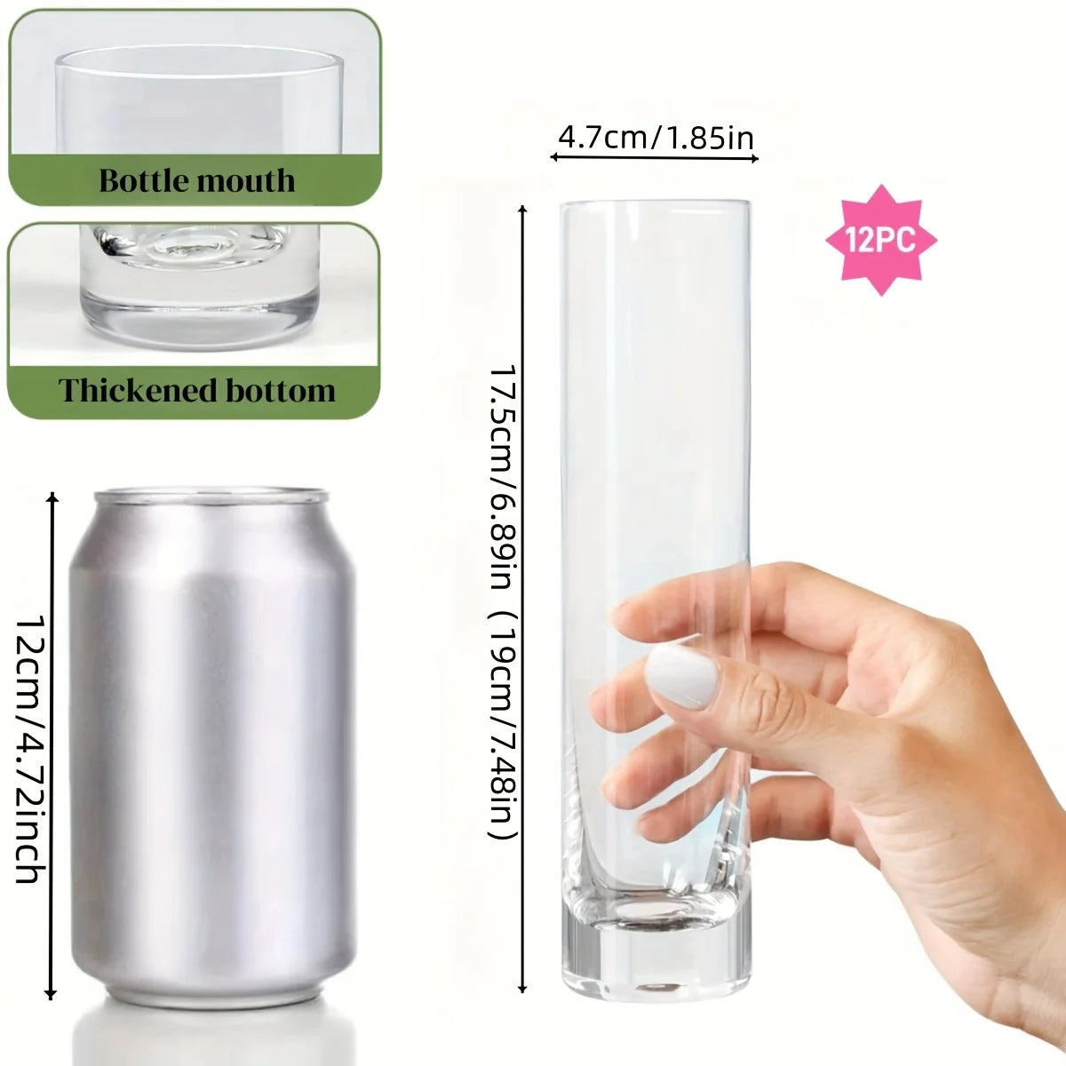 A set of 12 clear glass cylinder vases with a bottle mouth and thickened bottom shown next to a silver aluminum can for scale