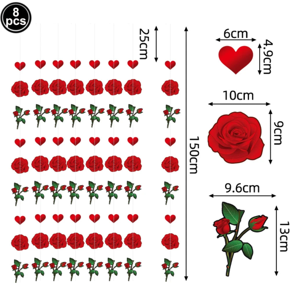 A pattern showing how to assemble 8 pieces of red heart letter balloons with a foil finish.