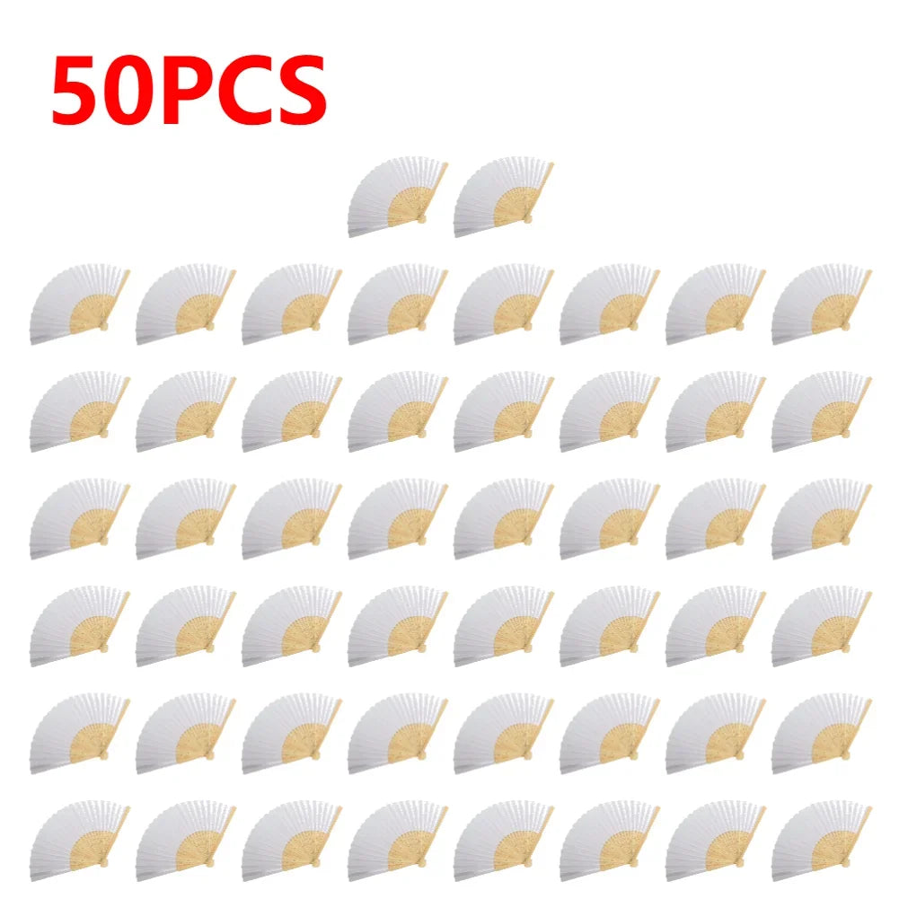 50 pieces of white bamboo folding fans with gold accents