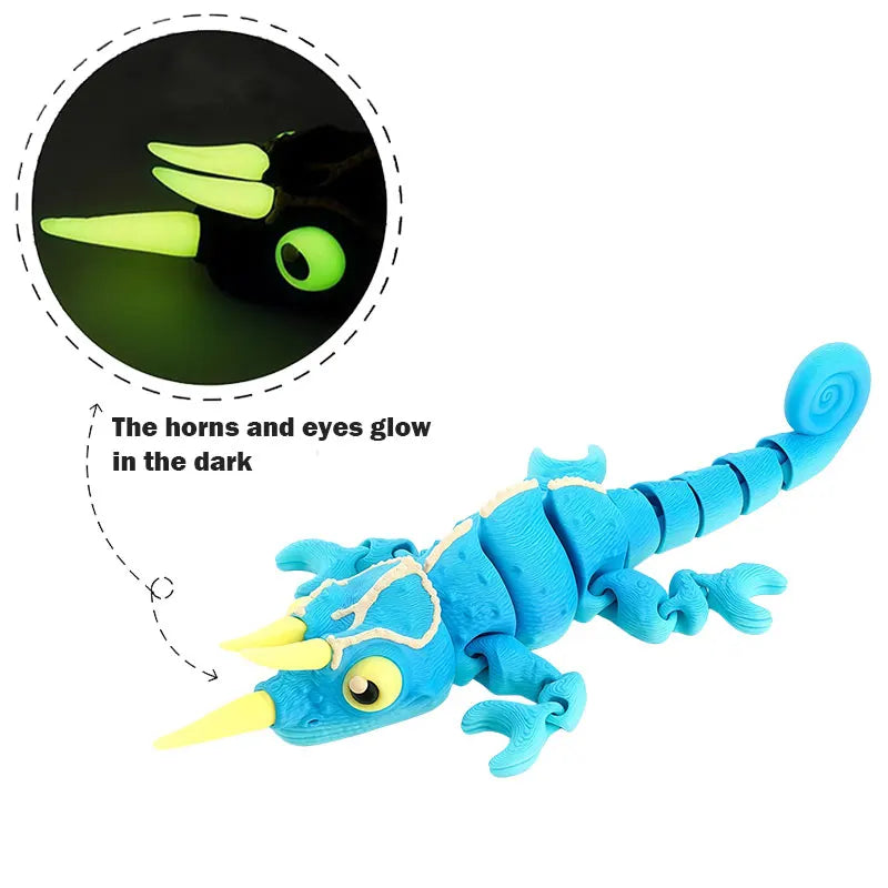 A bright blue chameleon fidget toy with yellow horns and glowing eyes, shown next to a magnified view of the features.