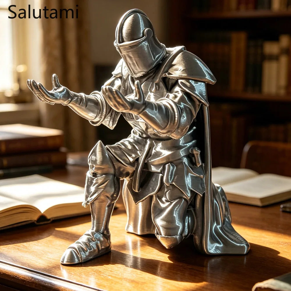 A silver 3D printed medieval knight figurine standing on a wooden surface.