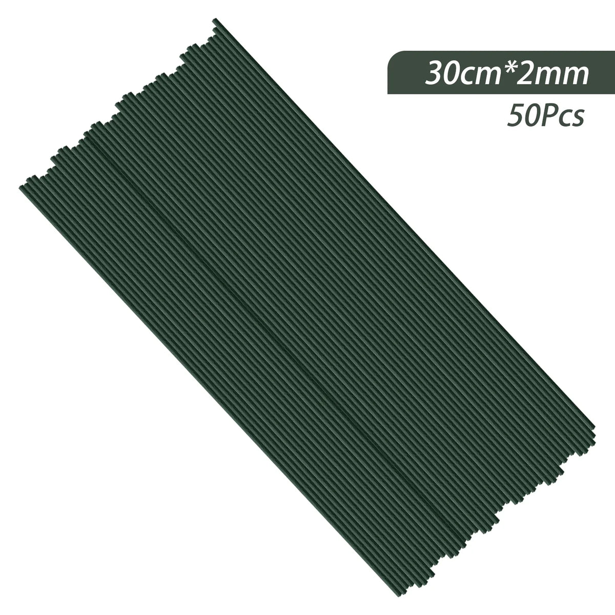 A rectangular strip of dark green artificial flower stems, 30cm by 2mm, sold in a pack of 50 pieces.
