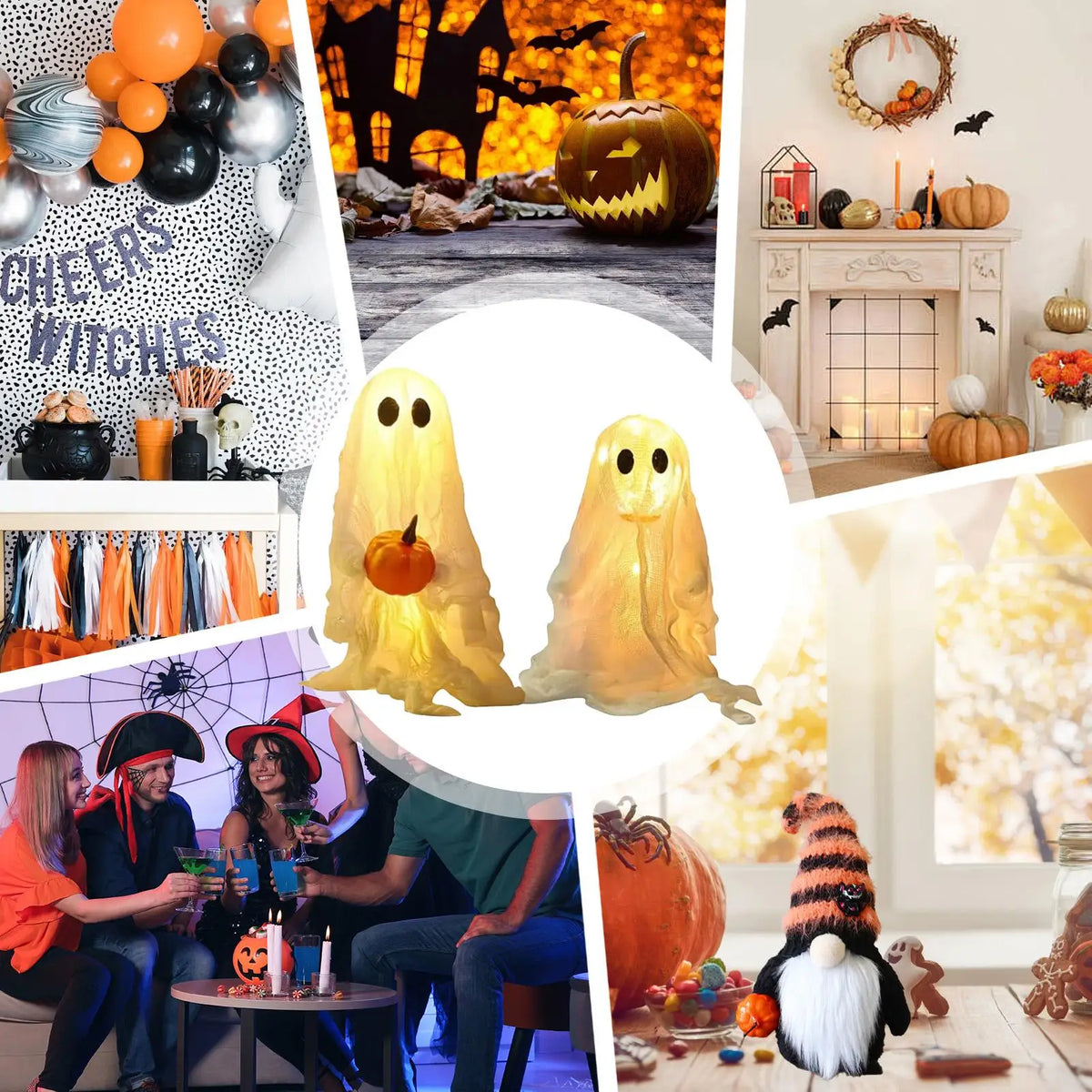 A set of lighted Halloween ghost decorations including a pumpkin and a spooky ghost figure.