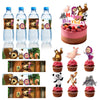 A set of plastic water bottles decorated with characters from Masha and Bear for a birthday party