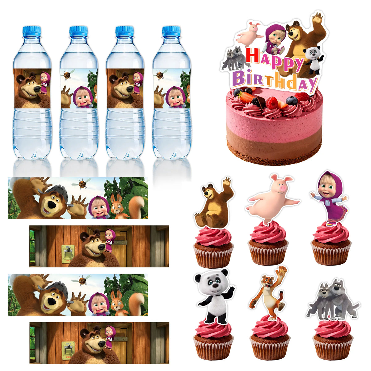 A set of plastic water bottles decorated with characters from Masha and Bear for a birthday party