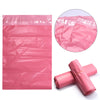 A pink plastic self-adhesive shipping pouch shown in a flat view and rolled up.