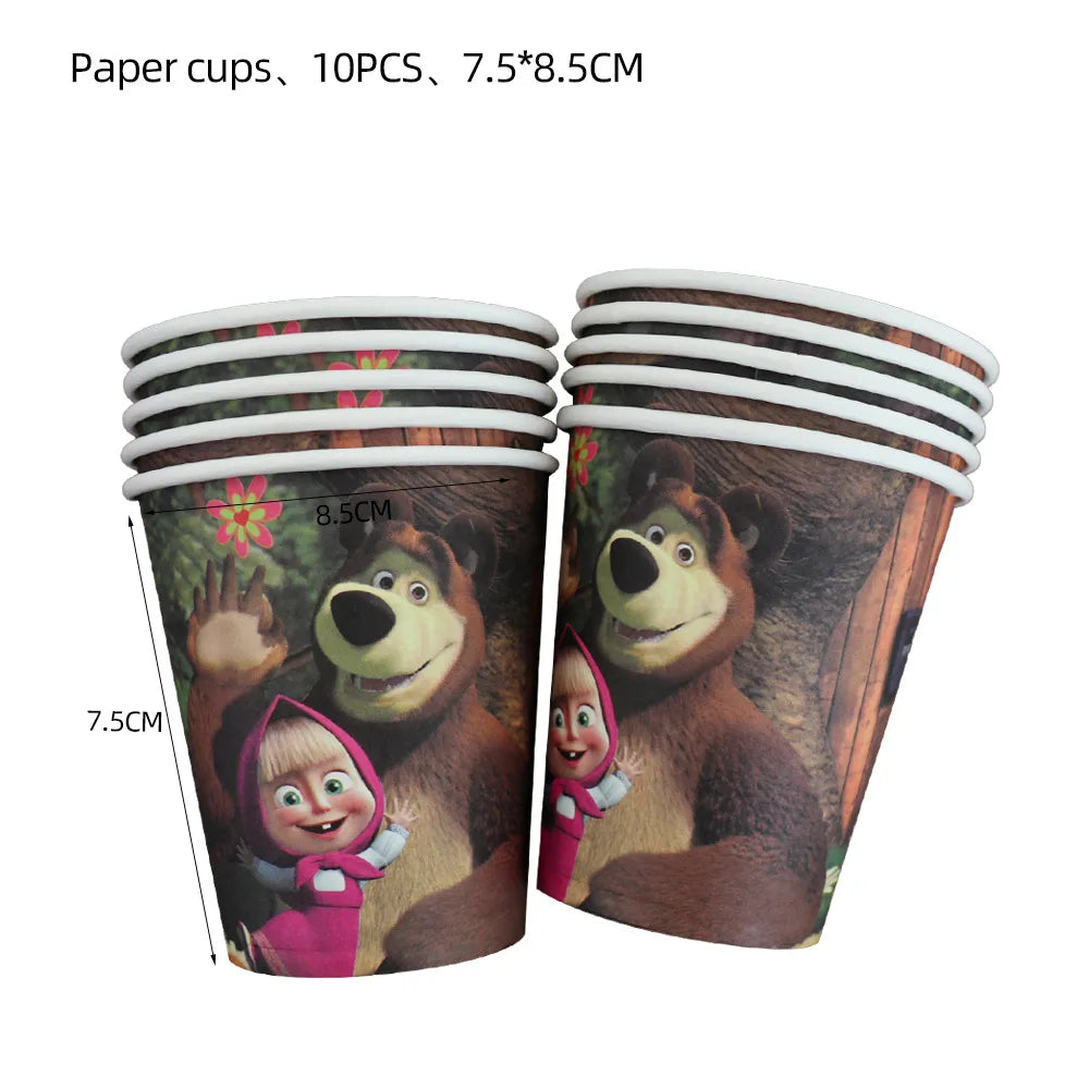 A set of ten paper cups featuring Masha and Bear characters, with dimensions 7.5 by 8.5 cm.