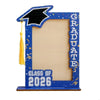 A blue graduation photo frame decorated with gold accents and a black academic cap design.