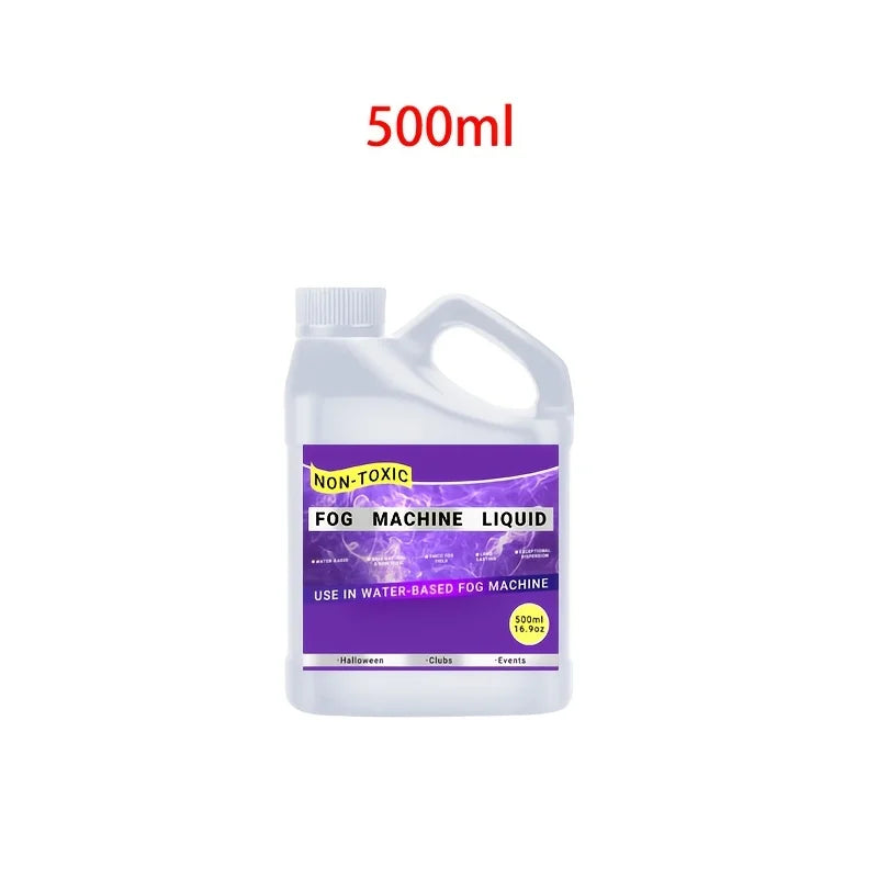 A clear plastic bottle of 500ml non-toxic fog machine liquid.
