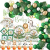 Jungle safari birthday decor set featuring green and gold balloons and patterned paper